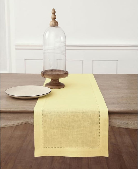 Solino Home Linen Table Runner 90 Inches Long - Classic Hemstitch 100% Pure Linen Yellow Dining Table Runner 14 x 90 Inch