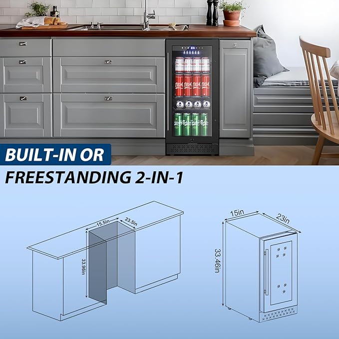 Tylza 15 Inch Beverage Refrigerator, Under Counter/Freestanding Drink Fridge, 130 Cans Beverage Cooler with Glass Door, Reversible Door, Low Noise, Quick Cooling - for Beer, Soda, ETC, Black