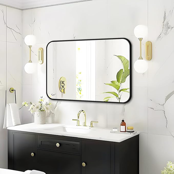 Fabuday Black Wall Mirror for Bathroom Over Sink - 20x30 Matte Metal Framed Rectangle Mirror, Rounded Rectangular Vanity Mirrors for Living Room, Bedroom, Entryway, Hallway, Horizontally/Vertically