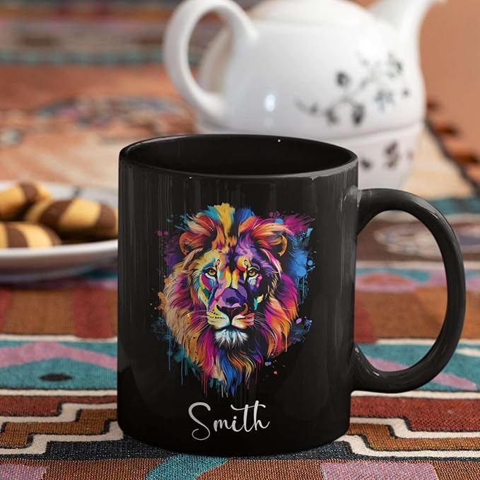 Personalized Lion Black Mug, Gift For Son Grandson, Custom Lion Coffee Cup With Name, Customized Colorful Animal Design Mug, Unique Animal Lover Cup 11oz 15oz