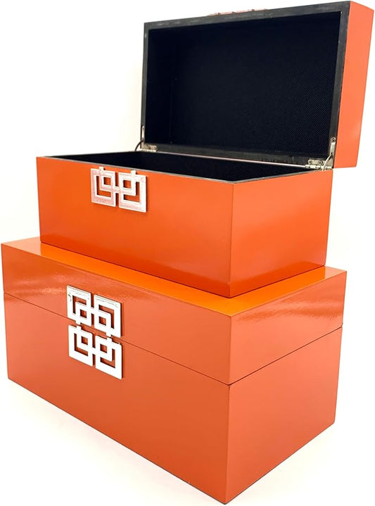 Galt International Storage Boxes - Large & Small Decorative Storage Box w/Hinged Lid - Classic Design Wood Decor Boxes with Geometric Opening Clasp - Home & Office Storage - Set of 2 (Orange)