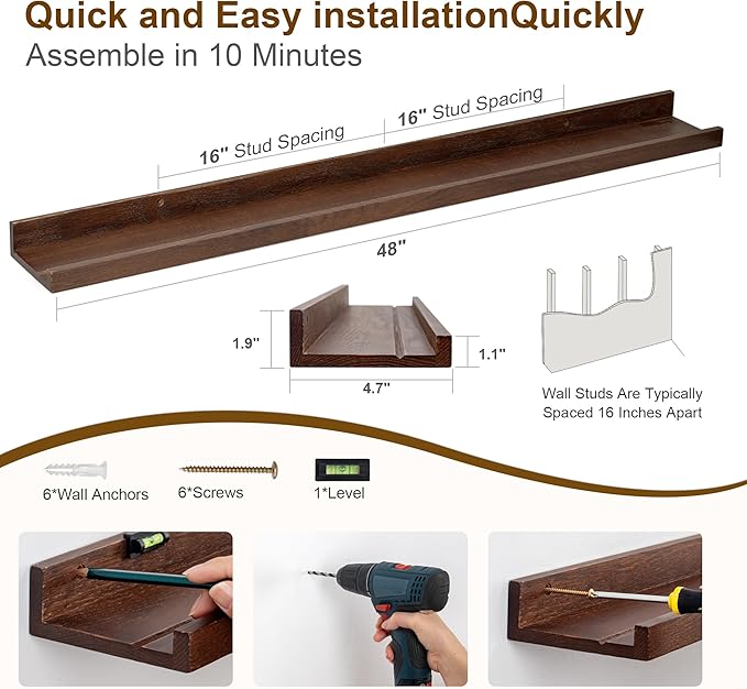 Floating Picture Ledge Shelves 48 Inch Solid Oak Wood Set of 2, Rustic Wall Storage Shelves with Lip, Kids Bookshelf, Photo & Picture Ledge Shelves for Bedroom, Living Room, Kitchen