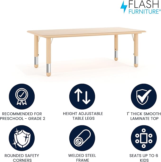 Flash Furniture Wren Adjustable Classroom Activity Table for School and Home, Plastic Activity Table for Kids, 23.625" W x 47.25" L, Natural