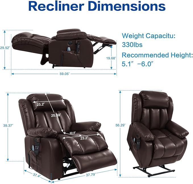 MAEVIS Power Recliner Chair, Lay Flat Sleeping Lift Chairs Recliner for Elderly with Heat and Massage,Comfy Real Breathable Leather Recliners with Dual OKIN Motor for Living Room (Brown)