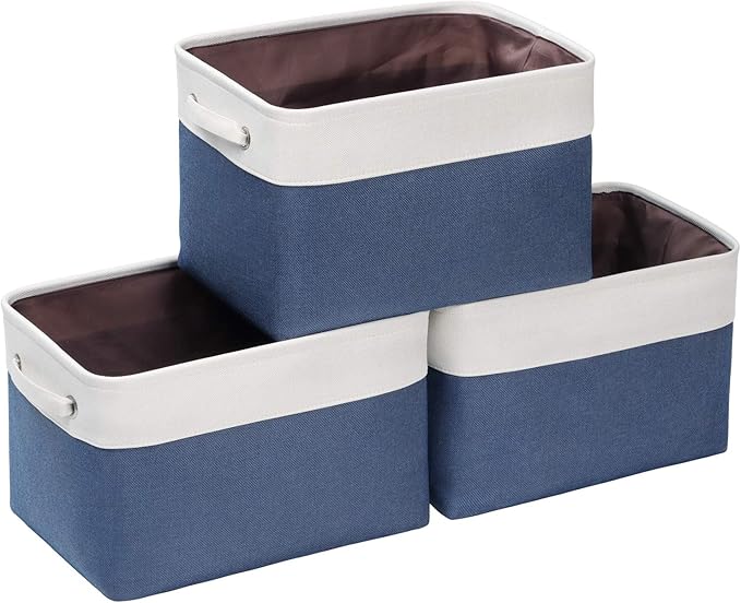 Kntiwiwo Foldable Storage Bins 15" x 10" x 9.5" Fabric Storage Basket Cube with Handles Large Linen Closet Organizer Bins for Organizing Shelf Home, Set of 3, Blue