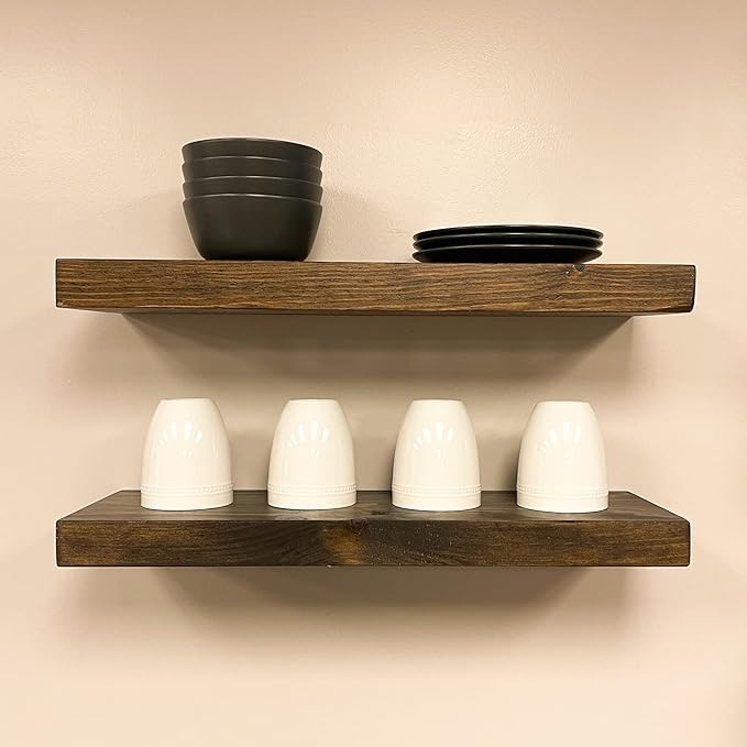 URBANDI, Rustic Floating Shelves, Set of 2, Hidden Bracket, Solid Wood, Heavy Duty, Wall Mounted Shelves, (Dark Brown, 36Wx6D)