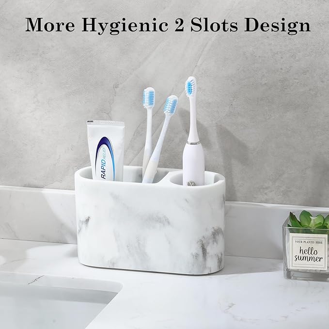 Luxspire Toothbrush Holder, 2 Slots Toothbrush and Toothpaste Holdersfor Bathrooms, Resin Toothbrush Holder Electric Toothbrush Stand for Vanity Countertop, Bathroom Accessories, Gravel White