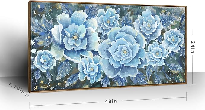 Large Blue Wall Art Decor Modern Framed Wall Picture for Living Room Bedroom Office Decor Floral Canvas Art Prints Botanical Wall Picture Abstract Peony Flower Horizontal Artwork Ready to Hang 48x24