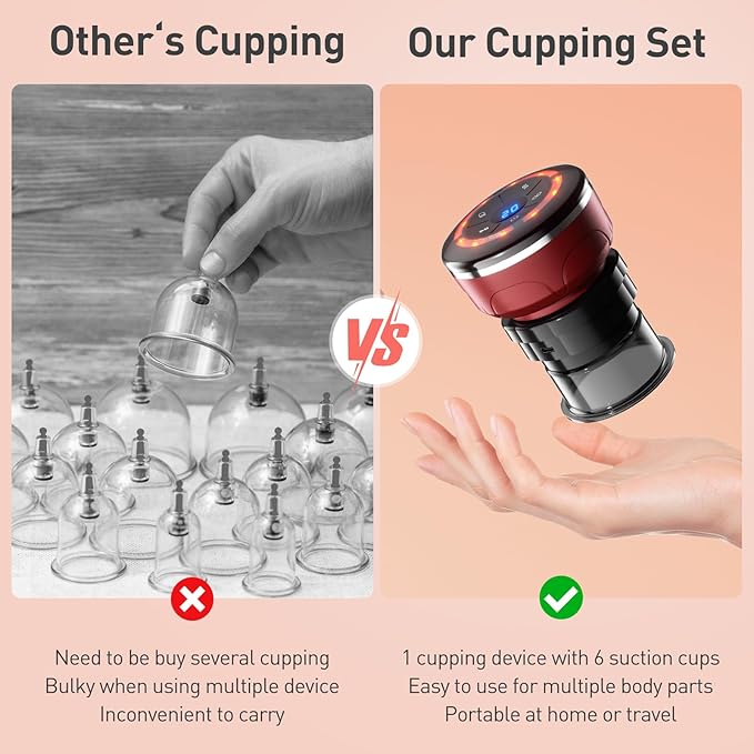 UBALANCE Smart Cupping Therapy Set - Cellulite Massager with 6 Massage Cups, Portable Electric Device for Enhanced Blood Circulation, Reduced Cellulite, and Muscle Soreness Relief（Red）