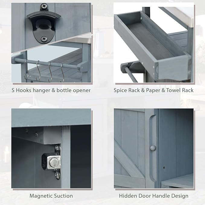 Outdoor Solid Wood Grill Table with Stainless Steel Top, Farmhouse Kitchen Island with Storage Cabinet, Outdoor Bar Cart with Internal Storage Rack, Spice & Towel Rack, Grey Blue