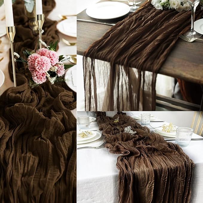 6FT 20 Pack Brown Cheesecloth Table Runner 20 x 120 Inch Long Boho Fabric Rustic Cheese Cloth Table Runner for Wedding Bridal Shower Baby Shower Gauze Sheer Birthday Party Table Decorations