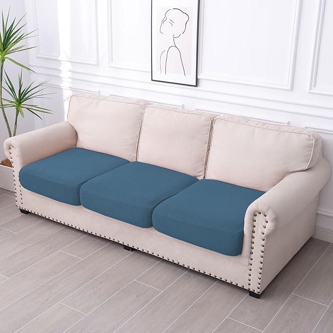 hyha Waterproof Couch Cushion Covers for Pets, Non Slip Sofa Seat Cover for Dogs Washable, Soft Thick Stretch Jacquard Fabric, Sofa Slipcovers with Elastic Bottom (3 Pieces, Blue)