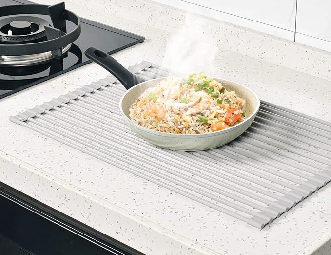 Surpahs Over Sink Foldable Multipurpose Roll-Up Dish Drying Rack, Silicone Wrapped Stainless Steel, Warm Gray, 17.5" x 13.1"