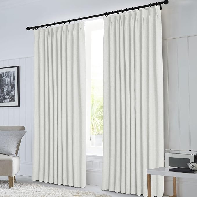 Macochico Pinch Pleated Blackout Curtains 102 Inches Long 100% Light Blocking Greyish White Linen Drapes for Bedroom Living Room Farmhouse Shabby Chic Burlap Curtains with Tieback 72”Wx102”L 1 Panel