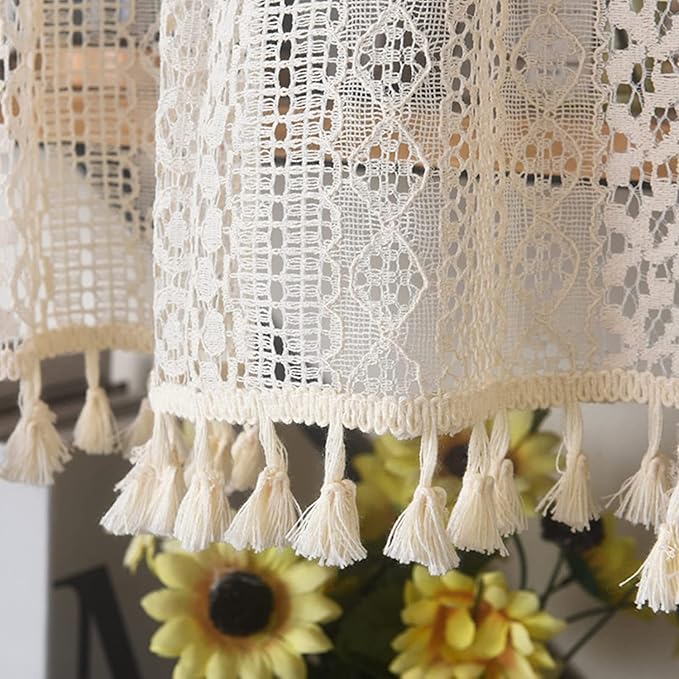 Sutuo Home Boho Sheer Curtain Valance Tier Crochet Lace with Bohemian Hollow Knitted Handmade Tassels, Short Farmhouse Window Treatment for Kitchen Cafe, Rod Pocket, 1 Panel 59" W x 24" L, Beige
