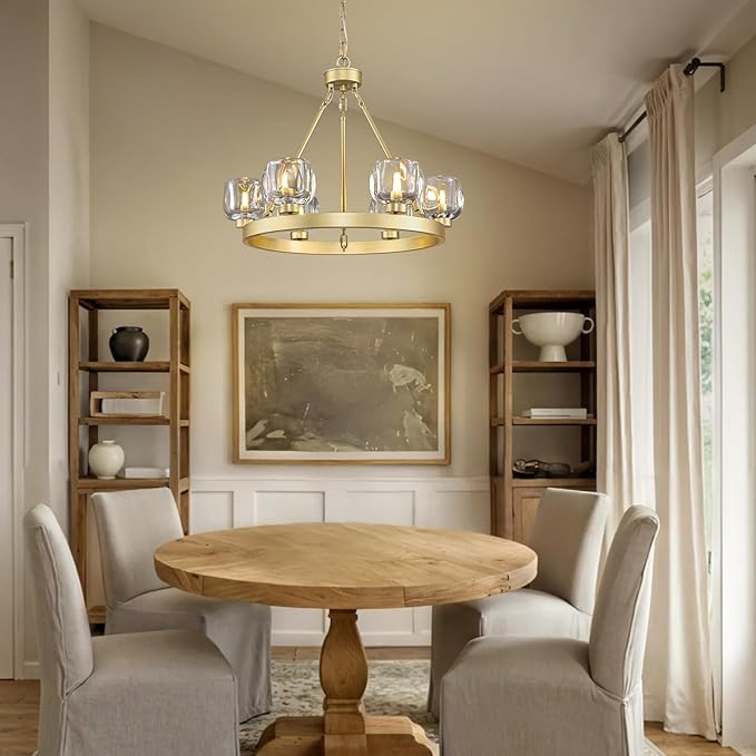 Gold Wagon Wheel Chandelier, 24 Inch Brass Chandeliers with Unique Glass Shade, 6-Light Crystal Farmhouse Wagon Wheel Chandeliers for Dining Room, Round Chandelier for Living Room, Foyer, Entryway