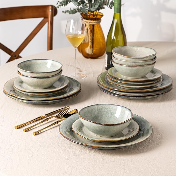 AmorArc Ceramic Dinnerware Sets, Handmade Stoneware Reactive Glaze Plates and Bowls Set, Scratch Resistant | Dishwasher & Microwave Safe Dishes Set, Service for 4 (12pc)