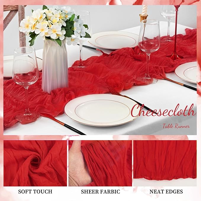 20 Pack Red 10FT Cheesecloth Table Runner Rustic Gauze Fabric Cheese Cloth Table Runner for Wedding Bridal Baby Shower Table Decor Boho Sheer Birthday Party Table Decorations 20 x 120 Inch Long