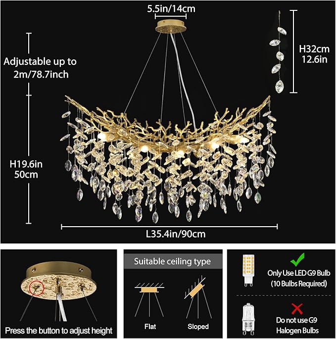 Modern Crystal Gold Chandelier, 36" Large Rectangular Oval Tree Branch Crystal Chandeliers for Dining Room,16-Light Flush Mount K9 Crystal Chandeliers, for Kitchen Island,Dining Room