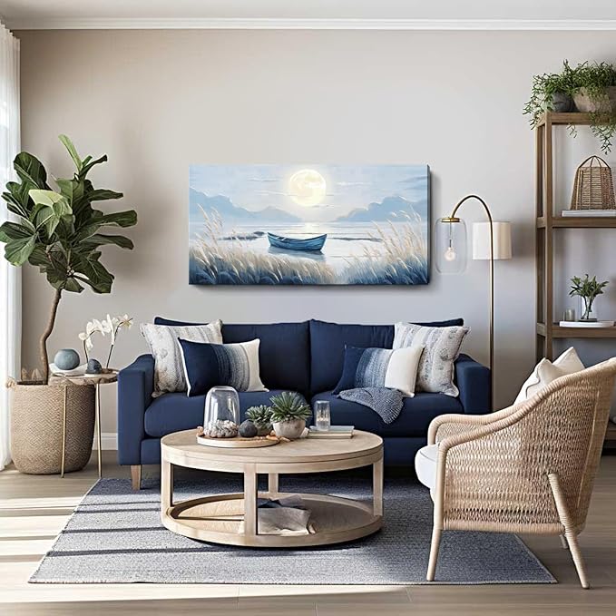 Large Wall Art for Living Room Bedroom Decor - Modern Nautical Beachy Ocean Beach Seascape Nature Artwork with Blue Boat Moon Lake Mountain Sea - Relaxing Serene Canvas Picture for Coastal Rustic Home