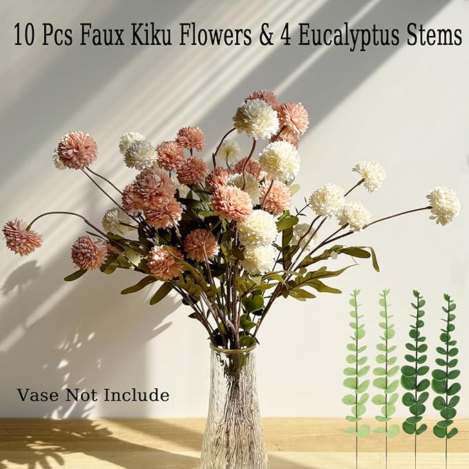 Faux White & Pink Kiku Flower, 10 Stems with 5 Heads Each & 4 Branches Eucalyptus Stems, Artificial Small Mini Chrysanthemum Flowers for Aesthetic Room Decor, Floral Arrangements Centerpiece