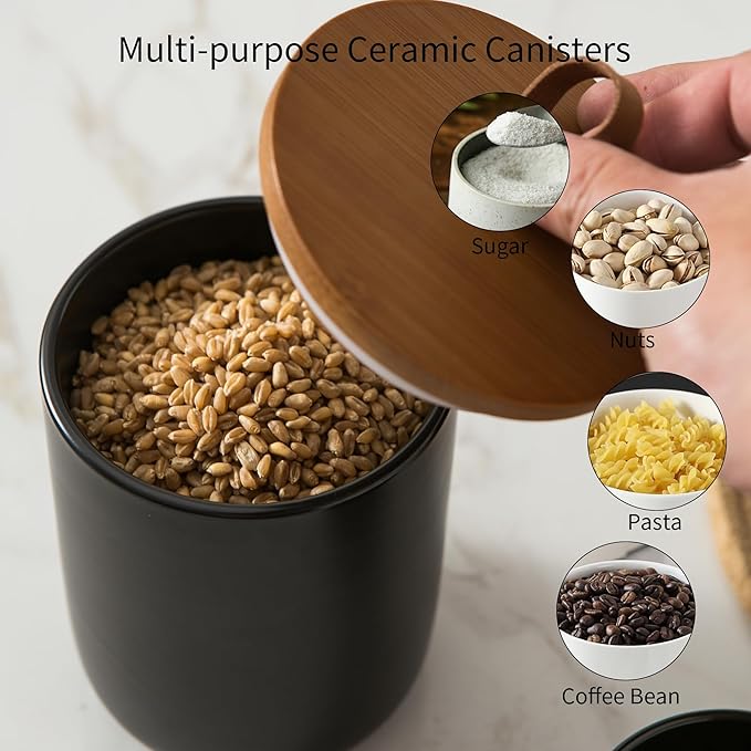 Black Ceramic Canister Set, 3pcs Ceramic Kitchen Canisters for Countertop with Airtight Wood Lids, Large Flour and Sugar Containers for Coffee, Tea, Spice