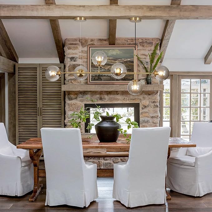 KCO Lighting 6-Light Modern Globe Sputnik Chandelier Brass Gold Linear Pendant Chandelier Lighting Smoke Glass Dining Room Chandelier Mid Century Sputnik Island Lights for Kitchen Living Room