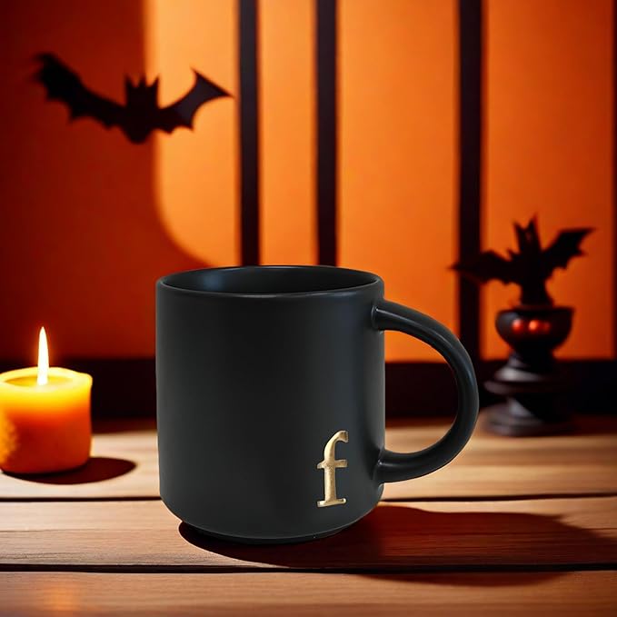 COLLECTIVE HOME - Black Monogram Ceramic Mugs, 15 oz Golden Initial Coffee Cups, Elegant Alphabet Tea Mugs, Personalized Halloween Mug with Gift Box, Perfect for Office and Home Décor(f)