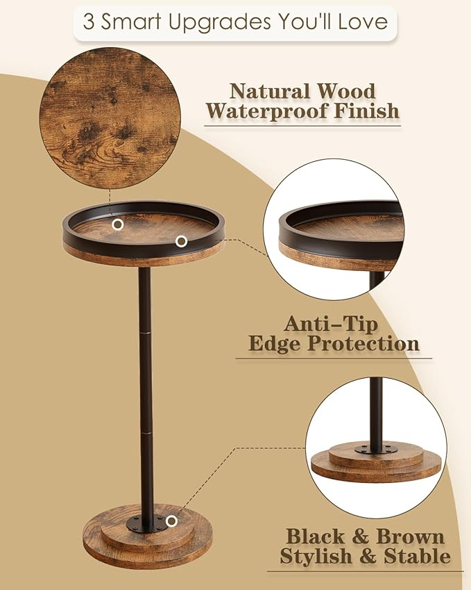 Masupu Drink Table, Round Side Table for Small Spaces, Pedestal Small End Table with Metal Base, for Living Room, Bedroom, Bathroom, Rustic Brown+Black(Lip)