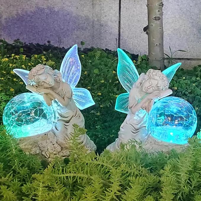 Fairy Garden Statue ，Solar Garden Decor ，Fairy Statue Outdoor with Glass Ball ，Waterproof Outdoor Decor，Suitable for Yard, Lawn ，Ideal for Holiday Giving (Left)