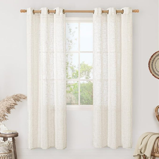 LAMIT Natural Doorway Linen Curtains 80 inch Length 2 Panels, Cream Light Filtering Semi Sheer Panels Bronze Grommet Neutral Drapes for Living Room/Bedroom, 34 x 80 Inch
