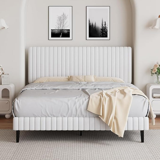 Full Size Bed Frame with Headboard, Velvet Upholstered Platform Bed with Vertical Channel Tufted Design, No Box Spring Required, Easy Assembly, White