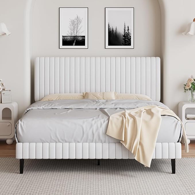 Queen Size Bed Frame with Headboard, Velvet Upholstered Platform Bed with Vertical Channel Tufted Design, No Box Spring Required, Easy Assembly, White