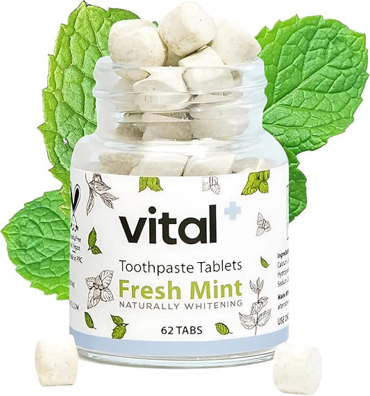 Vital Toothpaste Tabs with 7% Nano-Hydroxyapatite | Naturally Whitens + Remineralizes Teeth | Fluoride & Plastic Free | Combats Sensitivity | Travel & Eco Friendly | Fresh Mint | 62 Tablets (1 Month)
