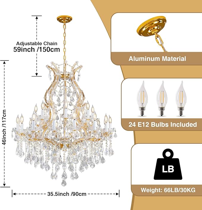 Large Gold Crystal Chandelier Light Fixtures - 24 Lights Modern Crystal Chandeliers for Hotel, Lobby, Foyer, Entryway Hall, Staircase High Ceiling Chandelier 2 Layers