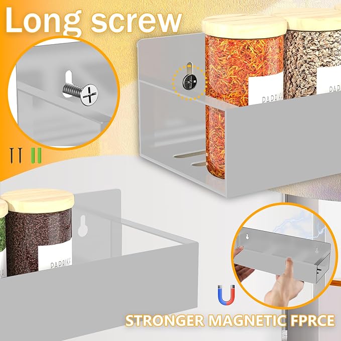 Magnetic Spice Rack Organizer for Fridge Seasoning Organizer for Kitchen Storage With Screw Magnetic Shelf for Oven, RV,Garage,Bathroom (Grey, 4pack)