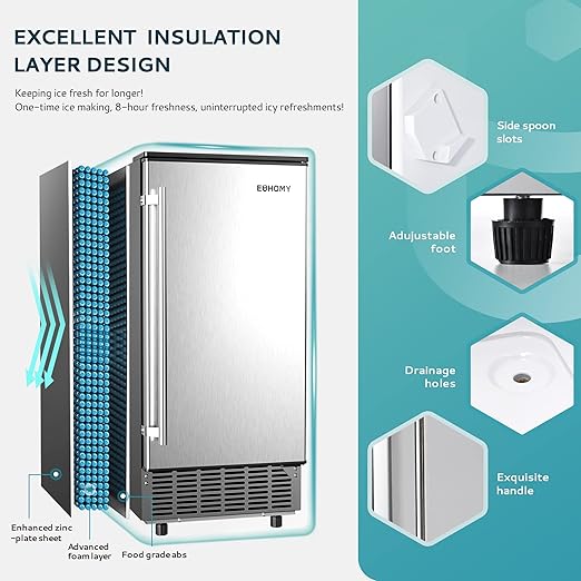 EUHOMY 15" W Commercial Under Counter Ice Maker Machine, 90 Lb/Day Auto-Cleaning & 24H Timer, Gravity Drainage,Stainless Steel Built-in Freestanding Ice Maker, 24 Lb Bin, Ideal for Commercial & Home