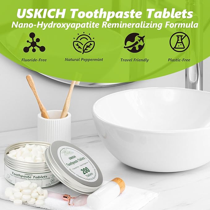 200 Pcs Toothpaste Tablets - Nano Hydroxyapatite Natural Whitening, Reduce Sensitivity,Fluoride & Plastic Free, Eco Friendly & Travel Mouthwash Tablets