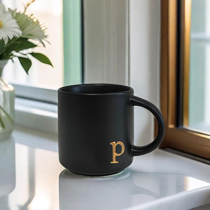 COLLECTIVE HOME - Black Monogram Ceramic Mugs, 15 oz Golden Initial Coffee Cups, Elegant Alphabet Tea Mugs, Personalized Halloween Mug with Gift Box, Perfect for Office and Home Décor (p)