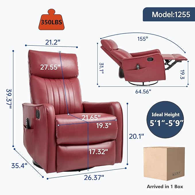 Manual Swivel Rocker Recliner Chair for Adults, Overstuffed Reclining Glider Chair for Nursing with Vibration Massage & Heat, Living Room Rocking Recliner 2-Stage backrest, Faux Leather Red