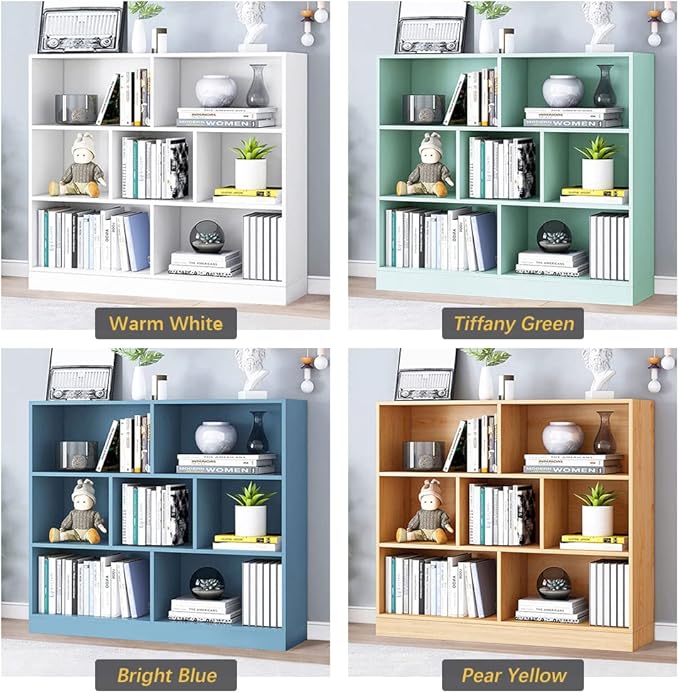 IOTXY Open Shelf Low Bookcase - Wooden 3-Tier Floor Standing Display Cabinet Organizer with Base, 7 Cubes Short Horizontal Bookshelf in Warm White