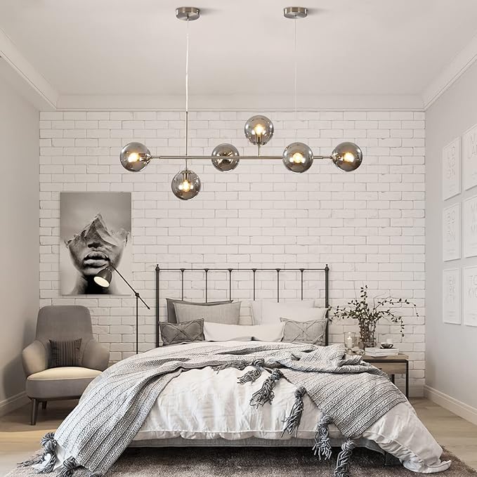 KCO Modern 6-Light Ceiling Pendant Lighting Mid-Century Glass Globes Sputnik Pendant Lamp Hanging Adjustable Chandelier for Kitchen Island Living Dining Room (Silver+Smoke Grey)