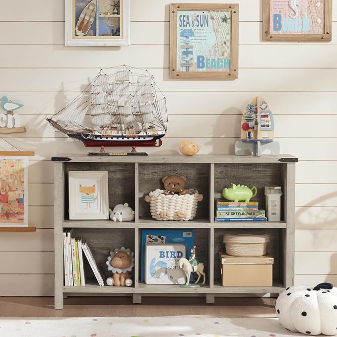 Farmhouse 6 Cube Bookshelf, Rustic Grey Oak Wooden Storage Organizer Book Shelf, 47 Inch Cubby Hallway Bookcase, Kids Toy Storage Cabinet, Modern Open Book Case for Living Room, Hallway