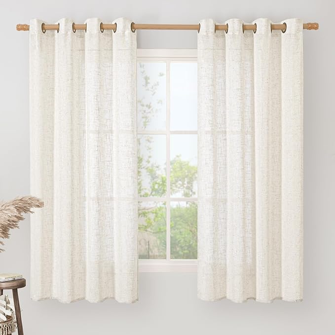 LAMIT Sheer Linen Curtains 63 inches Long for Bedroom, Bronze Grommet Linen Drapes Light Filtering Semi Sheer Curtains for Small Window/Farmhouse, 2 Panels (52 x 63 Inch, Cream)