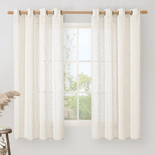 LAMIT Sheer Linen Curtains 63 inches Long for Bedroom, Bronze Grommet Linen Drapes Light Filtering Semi Sheer Curtains for Small Window/Farmhouse, 2 Panels (52 x 63 Inch, Cream)