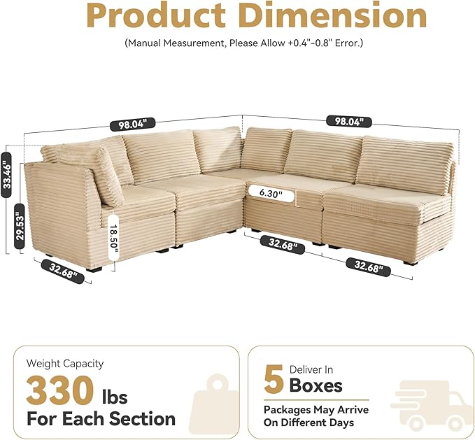 Modular Sectional Sofa with Chaise U Shaped Sectional Couch for Living Room, 5-Seater Comfy Cloud Couches, Plush Corduroy, Beige