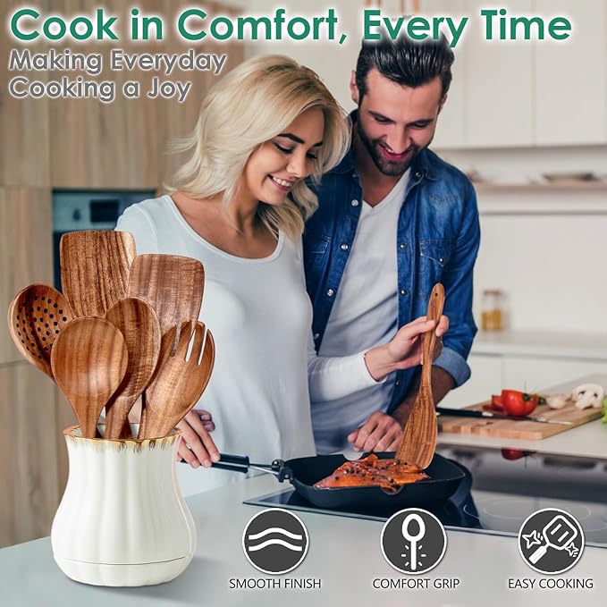 Wooden Spoons for Cooking 6 Piece - Natural Teak Wood Kitchen Utensils Set - Smooth Finish Soft Comfort-Grip Safe for Nonstick By HOWHONG