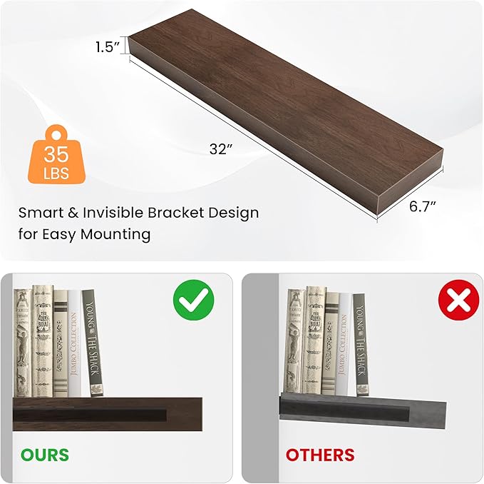 Floating Shelves for Wall, 31.5"W x 6.7"D x 1.5"H, Wooden Wall Mounted Display Shelves with Invisible Brackets for Living Room, Bedroom, Bathroom, Kitchen Decor and Storage, Set of 2, Walnut