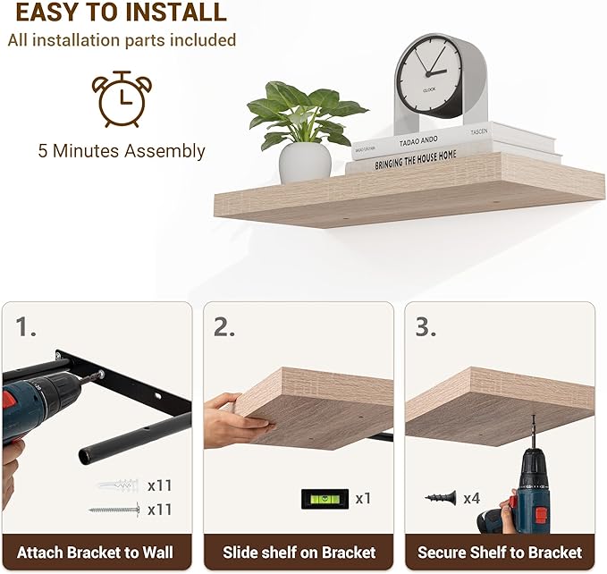 48 Inch Floating Shelves, 3D Textured Wood Grain, 48"x9.25"x1.5" Inch Deep Floating Shelves for Wall, Wooden Shelves for Bathroom, Bedroom, Living Room, Vintage White Oak
