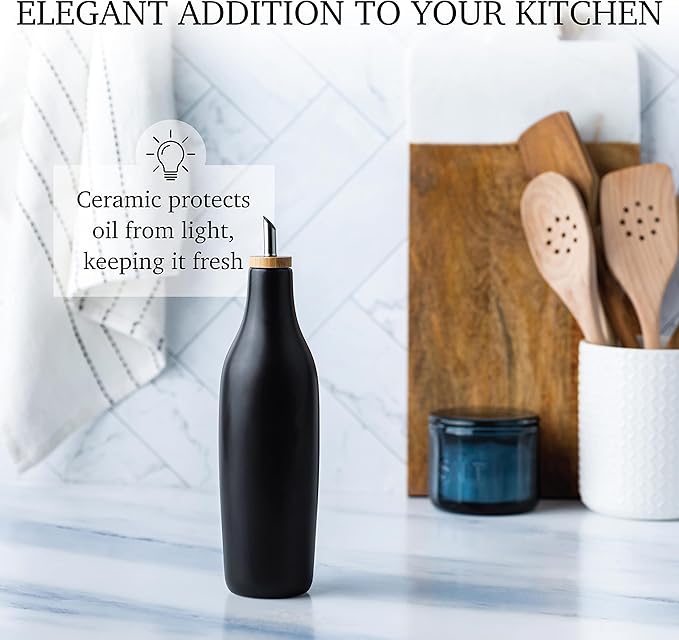 Black Ceramic Olive Oil Dispenser Bottle 16 Oz Container for EVOO or Vinegar, Kitchen Counter Design